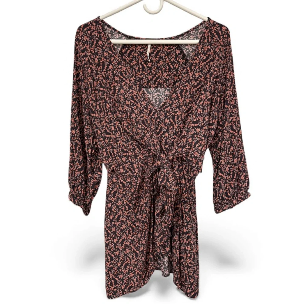 Free People Floral Tie Front Mini Dress Black Pink Boho V-Neck Size M‎